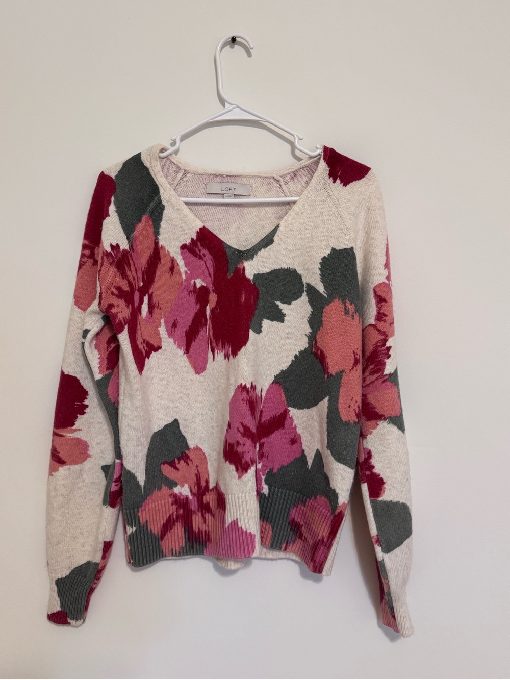 LOFT Cream V-Neck Sweater with Pink and Burgundy Floral Print